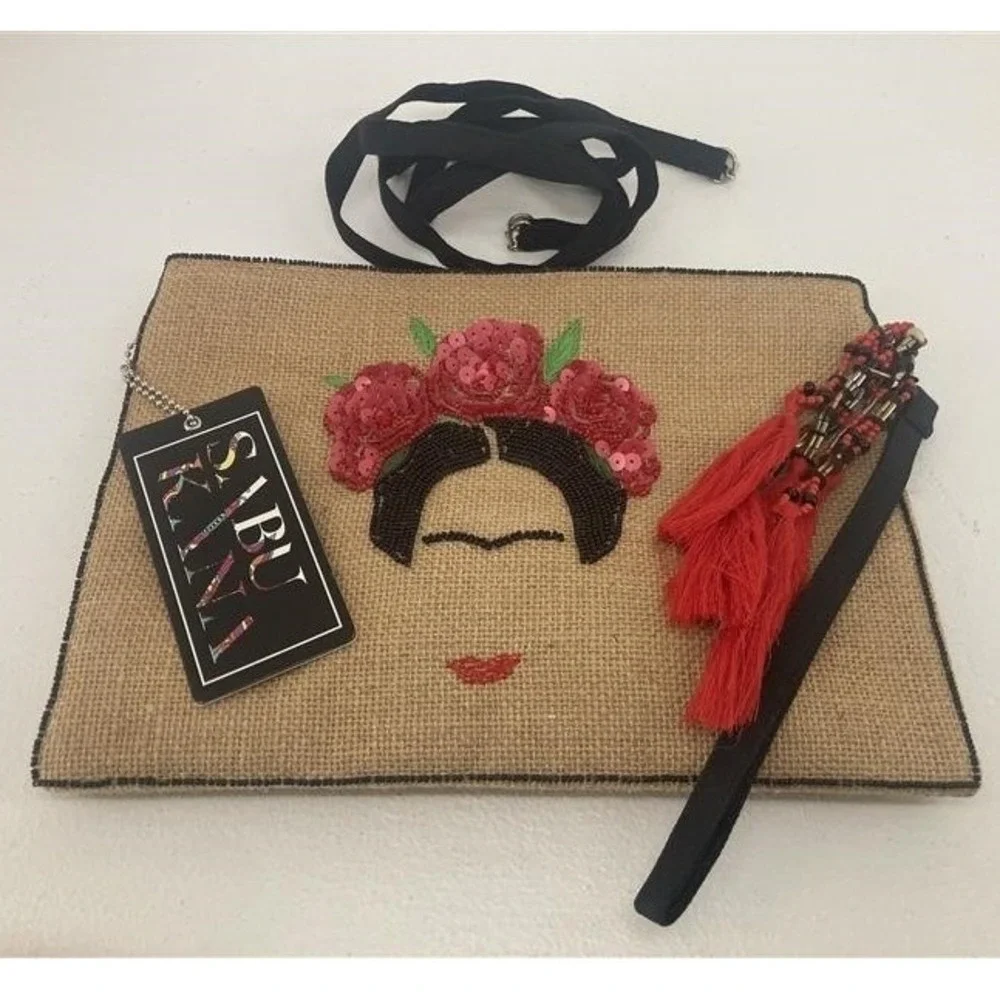 3 in 1 Handmade Burlap Frida Kahlo Embroidery Crossbody Wristlet Clutch‎ Latina